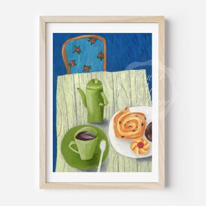 May include: A painting of a table setting with a green coffee pot, a cup of coffee, a pastry, and a cookie. The table is wooden and has a blue background.