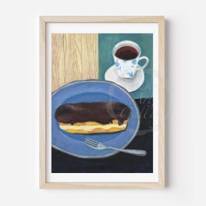 May include: A painting of a blue plate with a chocolate eclair on it. A cup of coffee and a saucer are in the background.