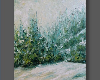 Turquoise Wall Art Large Painting Landscape Winter Painting Original Contemporary Green Abstract Flowers Palette Knife Living Room Art