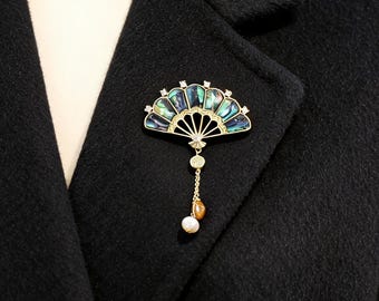 Abalone Shell Fan Brooch, 14K Gold Plated Copper with Freshwater Pearl Tassel, Art Deco Statement Pin Gift for Her
