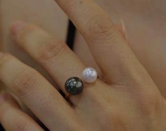 Tahitian Black Pearl Ring, Double Pearl Adjustable Sterling Silver Ring, Toi et Moi Anniversary Gift for Her
