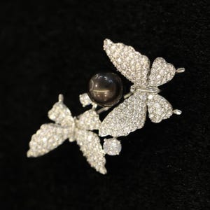 Vintage Inspired Silver Brooch with Tahitian Black Pearl, Double Butterflies Theme Brooch for Women, Handmade Bridal Jewelry, Gift for Her
