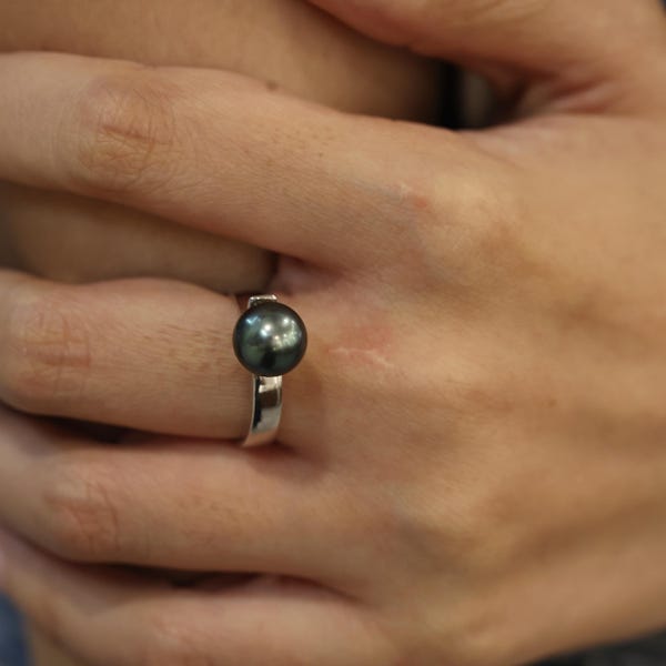 Handmade Tahitian Black Pearl Statement Ring, Minimalist Silver Open Band, Feminine Jewelry Gift