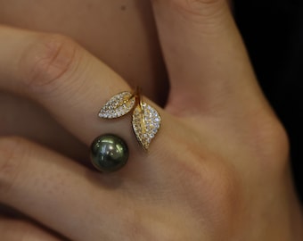 Unique Tahitian Black Pearl Ring with Leaf Design, Handmade Sterling Silver Ring, Nature Inspired Pearl Jewelry, Gift for Her