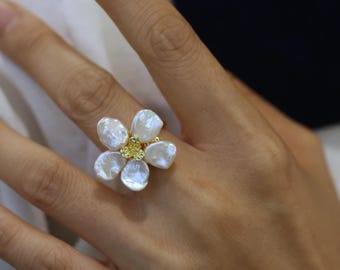 Vintage Style Flower Shape Adjustable Ring, Gold Baroque Pearl, Handmade Floral Jewelry Gift