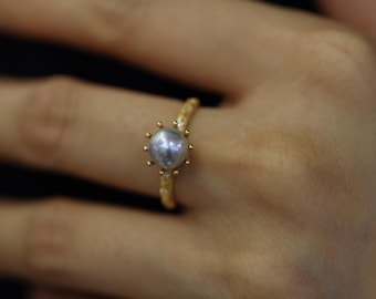 Gold Floral Japanese Akoya Silver Blue Pearl Ring, Handmade Sunburst Design, Vintage Style Statement Jewelry, Gift for Her