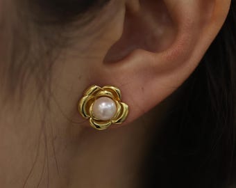 Handmade Camellia Flower Stud Earrings, Gold Japanese Akoya Pearl Studs, Classic Floral Jewelry Gift