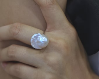 Handmade Large Baroque Pearl Statement Ring, Silver Open Band Ring, Minimalist Style Jewelry Gift