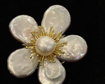 Handmade Flower Inspired Brooch, Gold Plated Baroque Pearl Statement Pin, Romantic Floral Jewelry Gift