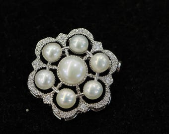 Silver Freshwater Pearl Statement Brooch, Handmade Flower Inspired Pin, Dainty Floral Jewelry for Women