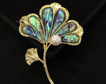 Handmade Ginkgo Leaf Brooch, Gold Abalone Shell and Pearl Pin, Artistic Plant Theme Jewelry