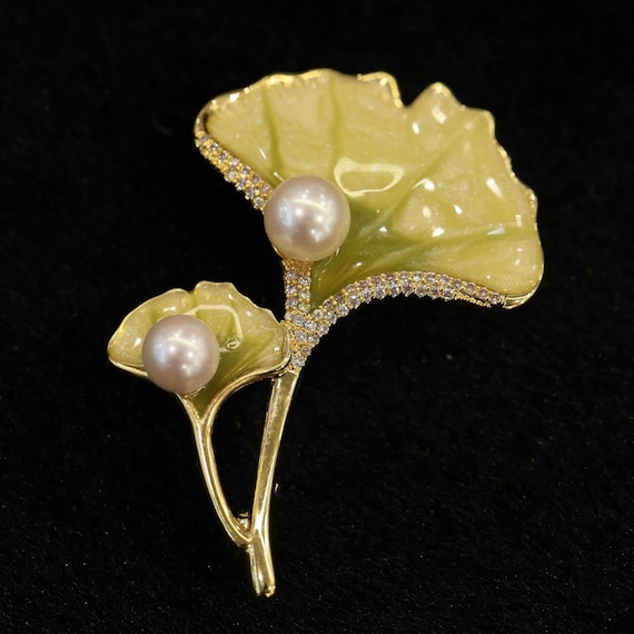 Broche Vintage Feuille De Ginkgo Métal Doré - Bijou Ancien - état Très Bon