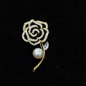 Unique Dark Rose Shape Pearl Brooch, Handmade Gold Floral Brooch, Vintage Flower Design Jewelry, Romantic Gift for Her