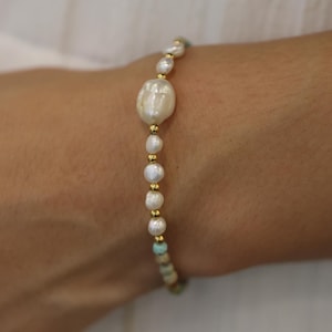 Natural Pearl & Turquoise Chain Bracelet in Sterling Silver, Handmade Boho Bracelet with Elegant Green Turquoise, Romantic Jewelry for Women