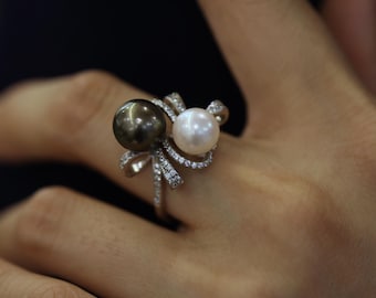 Elegant Silver Ring with Japanese Akoya Pearl & Tahitian Black Pearl, Handmade Ring with Double Pearls Design, Romantic Gift for Women