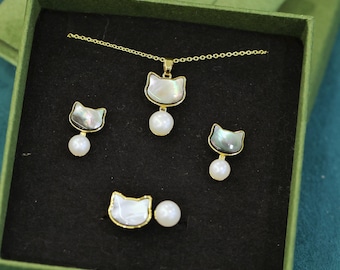 Cat Pearl Jewelry Set, 14K Gold Filled, Black Mother of Pearl, Natural Freshwater Pearl, Cute Animal Earrings Necklace, Minimalist Gift
