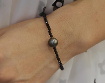 Pulseira de Pérolas Negras do Taiti, Corrente de Prata de Lei S925 com Cristal Negro, Joia Ajustável, Presente Ideal para Ela