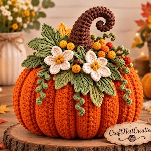 May include: A crocheted orange pumpkin featuring a dark brown curly stem, green leaves, white flowers, and small yellow and orange berries. A wooden tag attached to the base displays the text Craft Nest Creation with a small yarn ball icon.