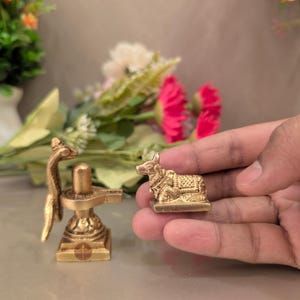 May include: A collection of small, gold-colored religious figurines. One figurine is a lingam with a snake, another is a seated bull. The figurines are likely made of brass or a similar metal. The background includes flowers.