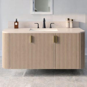 Floating Curved Sing sink vanity with White Oak Rounded Reeds Front 36" to 72". Curved Floating Vanity, Floating  Oak Vanity , Wood Vanity,