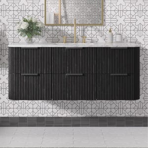 Nova 48&quot; black Floating Curved Vanity, Wall-Mounted Curved Edges Striped Bathroom Storage Cabinet with 6 Drawers Floating Curved sink vanity