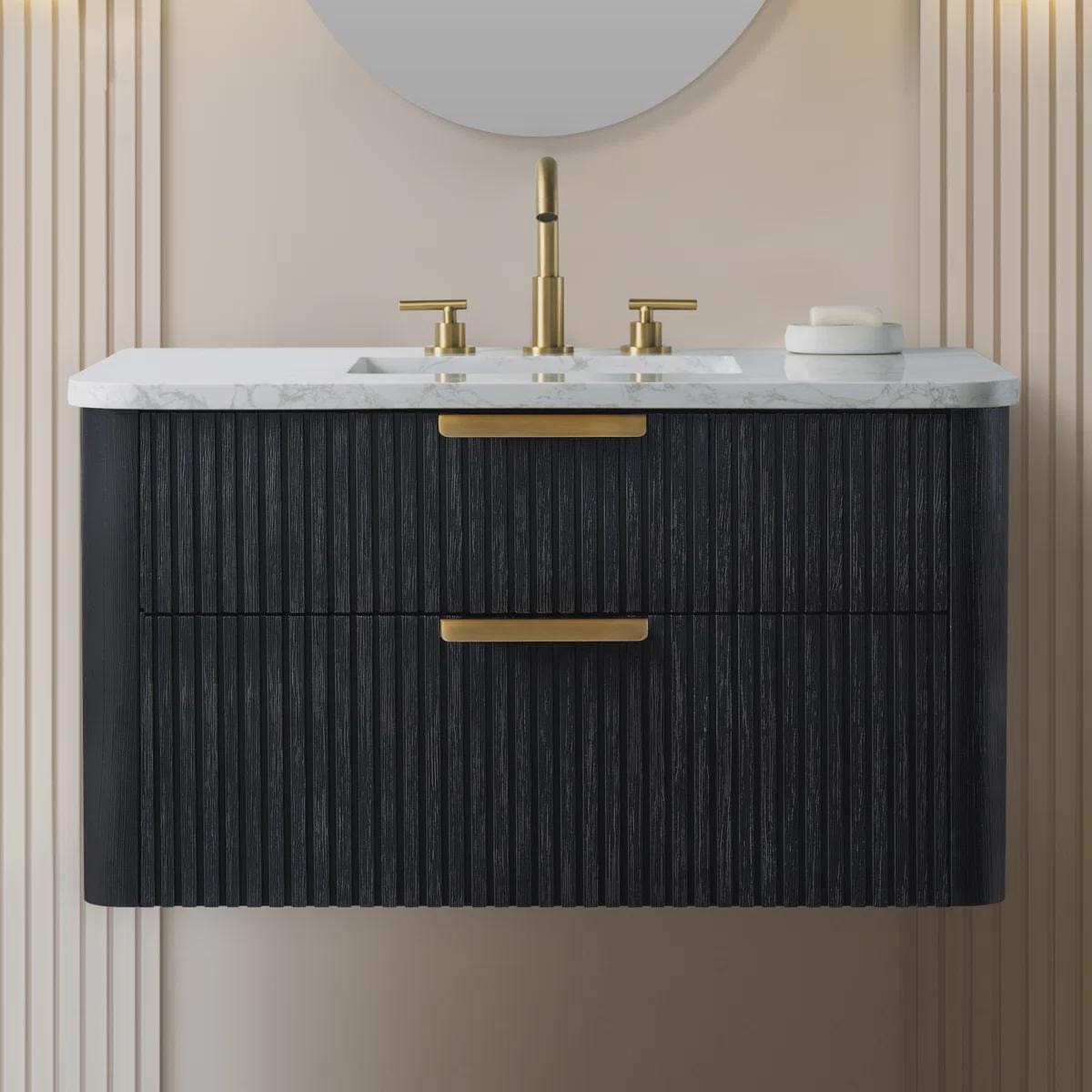 Mobile bagno sospeso nero da 36'', mobile bagno sospeso curvo, mobile bagno sospeso curvo singolo, mobile bagno sospeso in rovere, mobile bagno in leg