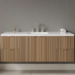 Reeded Bathroom Vanity - Free Shipping - Handmade Wood Vanity, Curved Floating Vanity, Single Curve Floating Vanity, Floating Oak Vanity