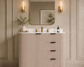 Luxury Modern Fluted Bathroom Vanity with Black Hardware | Light Blush Ribbed Vanity Cabinet | Designer Bathroom Storage