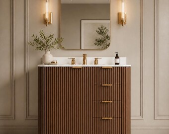 Mobile bagno di lusso marrone scanalato con accessori / Mobile bagno moderno in legno a coste / Mobile bagno di design