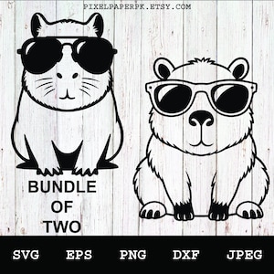 May include: A digital graphic bundle of two black and white capybara illustrations wearing sunglasses. The text PIXELPAPERPK.ETSY.COM appears at the top, with BUNDLE OF TWO below, and SVG, EPS, PNG, DXF, JPEG listed at the bottom of the image.
