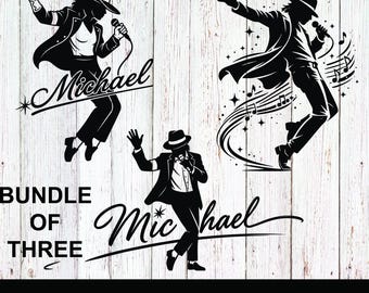 Puede incluir: Un paquete gráfico digital con tres siluetas negras de un artista con fedora y traje, cada una en una pose de baile dinámica con un micrófono. El texto dice Michael, BUNDLE OF THREE y PIXELPAPERPK.ETSY.COM, junto con notas musicales.