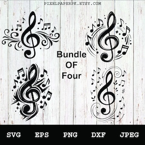 Music notes bundle of four svg, eps, png, dxf, jpeg digital download – musical clipart for cricut, silhouette, vinyl decals & diy crafts