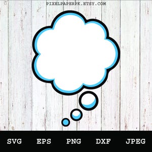 May include: A white thought bubble with a black outline and a light blue border, with three smaller circles below. The image includes the text "PIXELPAPERPK.ETSY.COM" at the top and file type abbreviations at the bottom.