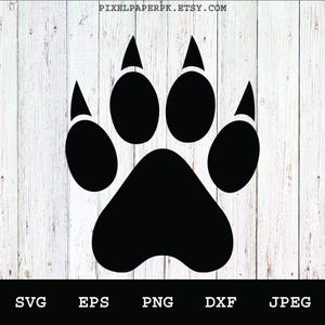 May include: Black silhouette of a paw print with five toes. The paw print is centered on a white woodgrain background.
