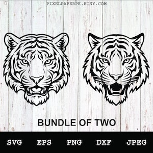 Könnte beinhalten: Ein digitales Grafikpaket mit zwei schwarz-weißen Tigerkopf-Illustrationen. Ein Tiger hat ein geschlossenes Maul, der andere ein offenes Maul, das Zähne zeigt. Der Text PIXELPAPERPK.ETSY.COM und BUNDLE OF TWO SVG EPS PNG DXF JPEG ist sichtbar.