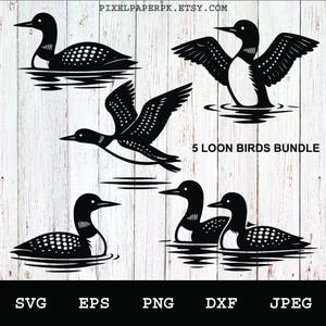 May include: A digital art bundle featuring five black and white loon bird illustrations in various poses, including swimming and flying. The text "5 LOON BIRDS BUNDLE" is included. File formats: SVG, EPS, PNG, DXF, and JPEG.