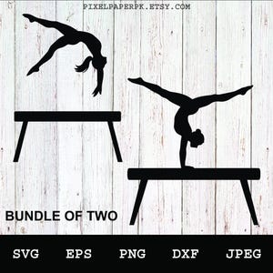 May include: Black silhouette illustrations of gymnasts performing on a vaulting table. One gymnast is in a handstand, and the other is mid-air. The text "BUNDLE OF TWO" is below the images, along with file type options.