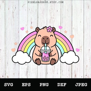 May include: A digital illustration of a light brown capybara with a pink flower on its head, holding a pink bubble tea drink. Behind the capybara is a colorful rainbow with white clouds at each end, surrounded by small pink hearts and stars.