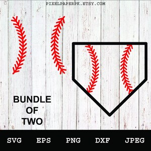May include: A digital graphic design featuring two red baseball stitch patterns and a black outlined home plate shape. The text reads PIXELPAPERPK.ETSY.COM, BUNDLE OF TWO, SVG, EPS, PNG, DXF, and JPEG on a white wood grain background.