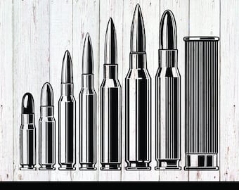 May include: A set of eight black and white bullet silhouettes in various sizes. The bullets are arranged in a row from smallest to largest. The bullets are on a white wood background.