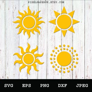 May include: Four yellow sun designs in various styles, including a sun with pointed rays, a sun with rounded rays, and a sun with a dotted outline. The image includes the text "PIXELPAPERPK.ETSY.COM" at the top and file type options at the bottom.