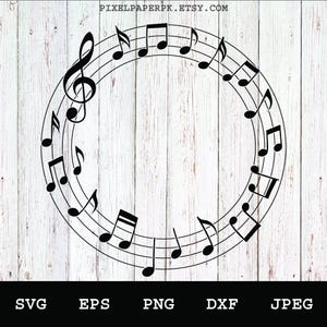 May include: A black musical note wreath design with a treble clef and musical notes. The design is set against a white wooden background. The image includes the text "PIXELPAPERPK.ETSY.COM" at the top and file type options at the bottom.