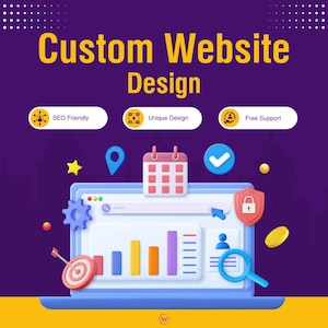 May include: A graphic promoting custom website design, featuring a laptop with charts and icons. The text reads "Custom Website Design" with supporting icons for SEO-friendly, unique design, and free support. The background is a gradient of purple and yellow.