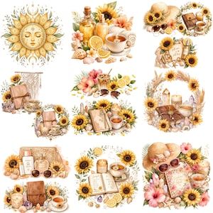 25 Summer Self Care PNG Bundle, Beach Flatlay Clipart, Boho Sunflower Objects, Feminine Sublimation, Girly Summer Digital Download