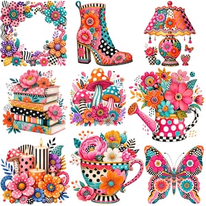 May include: A collection of nine vibrant illustrations featuring a floral wreath, a patterned boot, a decorative lamp, a stack of books, mushrooms, a watering can with flowers, candles, a teacup with flowers, and a butterfly, all in bright colors.