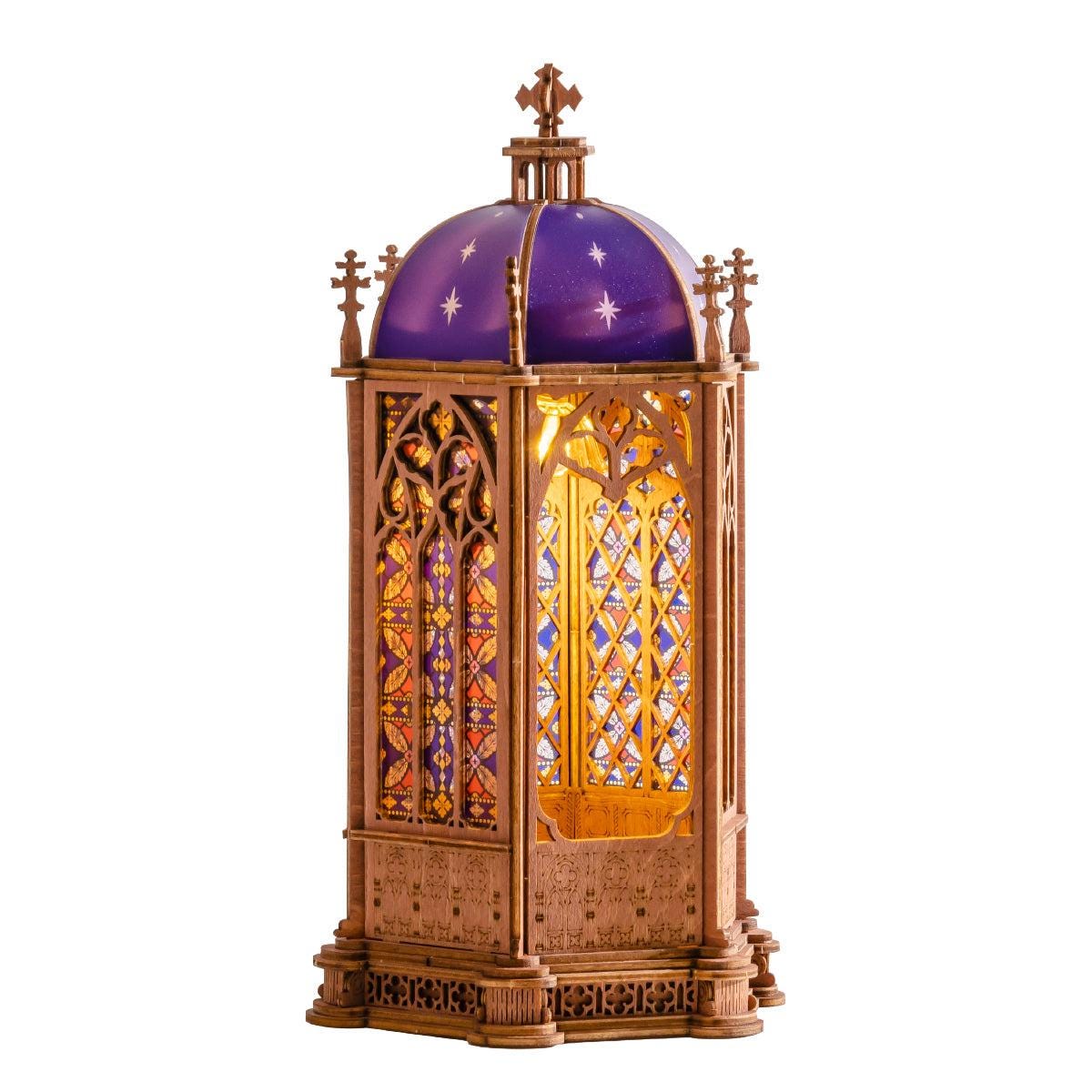 DIY Wooden Cathedral Puzzle, Starry Dome Cathedral with LED Light, Gothic Architecture Model Kit, 3D Wooden Puzzle, Gift for Adults