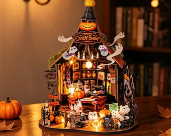 Rolife Haunted Candy House DIY Miniature Kit, Halloween Dollhouse with LED Lights, Spooky Candy Shop Model, 1:24 Craft and Spooky Gift Decor