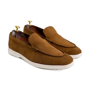 Mocassim Masculino de Camurça Feito à Mão Marrom | Sapatos Casuais Clássicos Sem Cadarço | Sapatos Leves para Dirigir