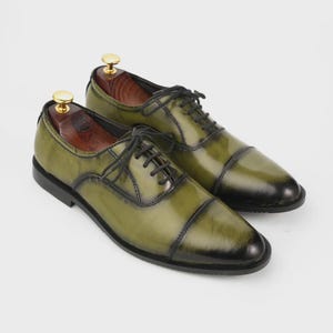 Handmade Green Leather Oxford Shoes | Cap Toe Wedding Dress Shoes