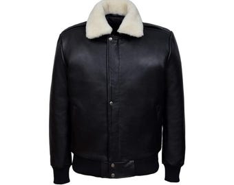 Herren Lederjacke - Echte Lammfell Bomberjacke Herren Schwarz mit Sherpa-Kragen - Premium-Lederjacke Herren